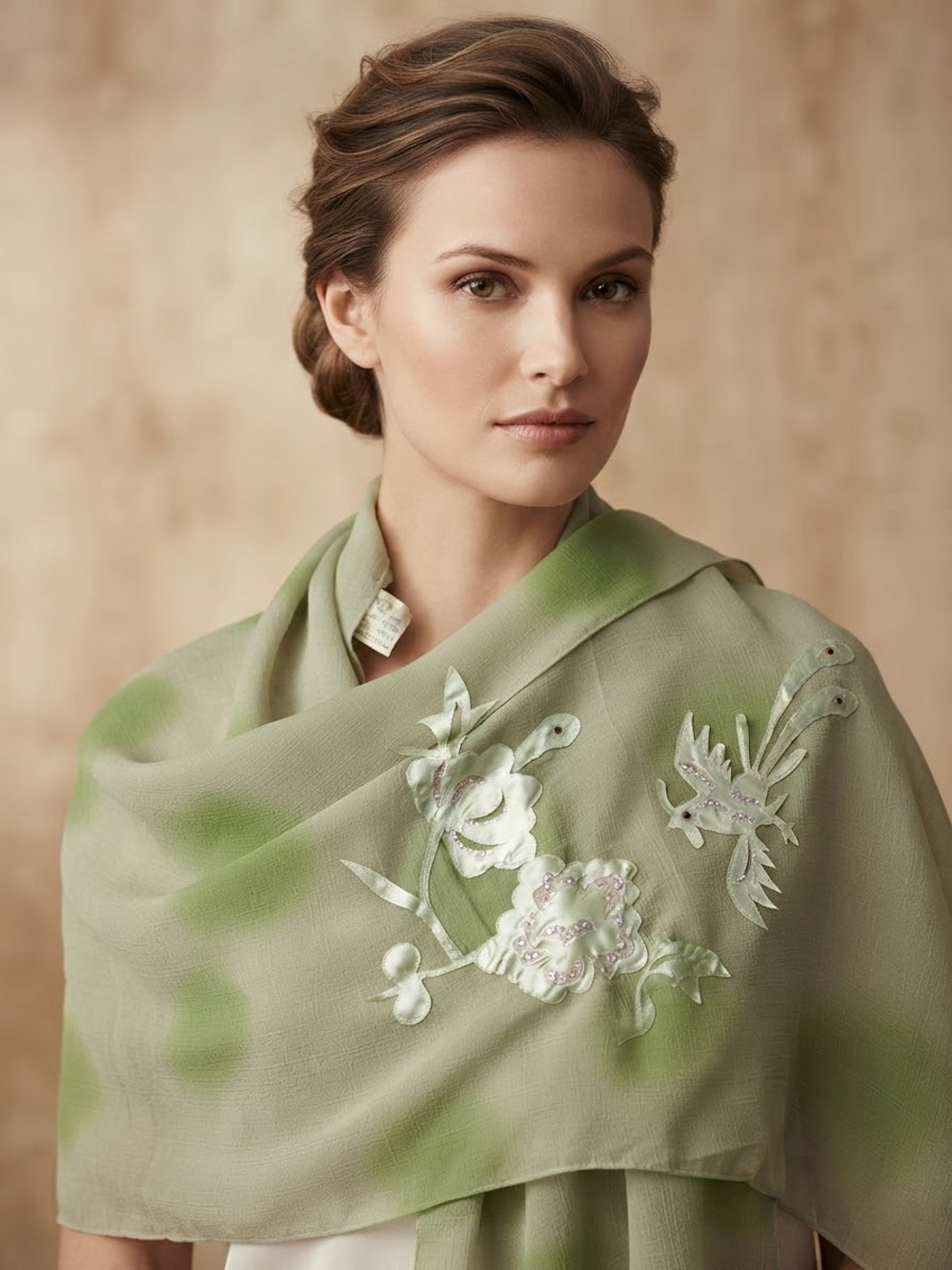 Vintage Inspired Sage Green Chiffon Scarf with Satin Floral Appliqué & Beading